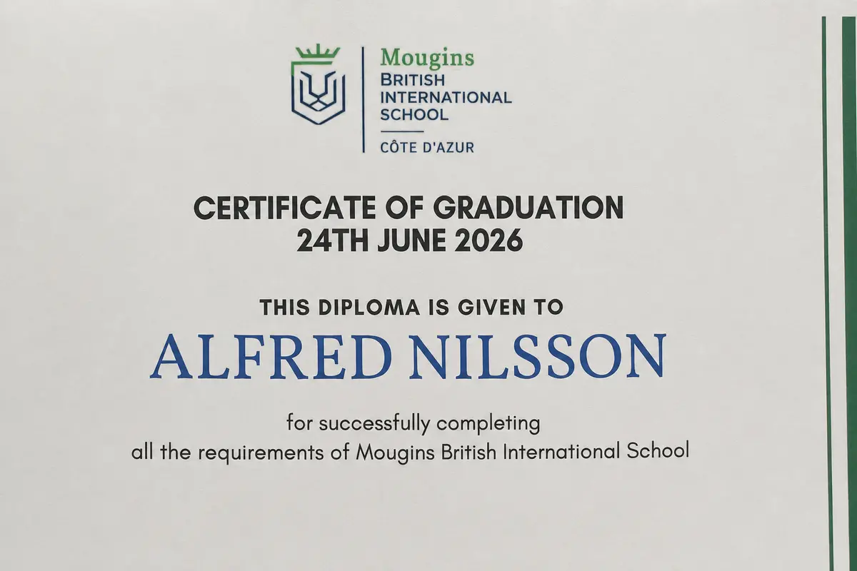 Certificate of Graduation awarded to Alfred Nilsson by Mougins British International School in June 2026